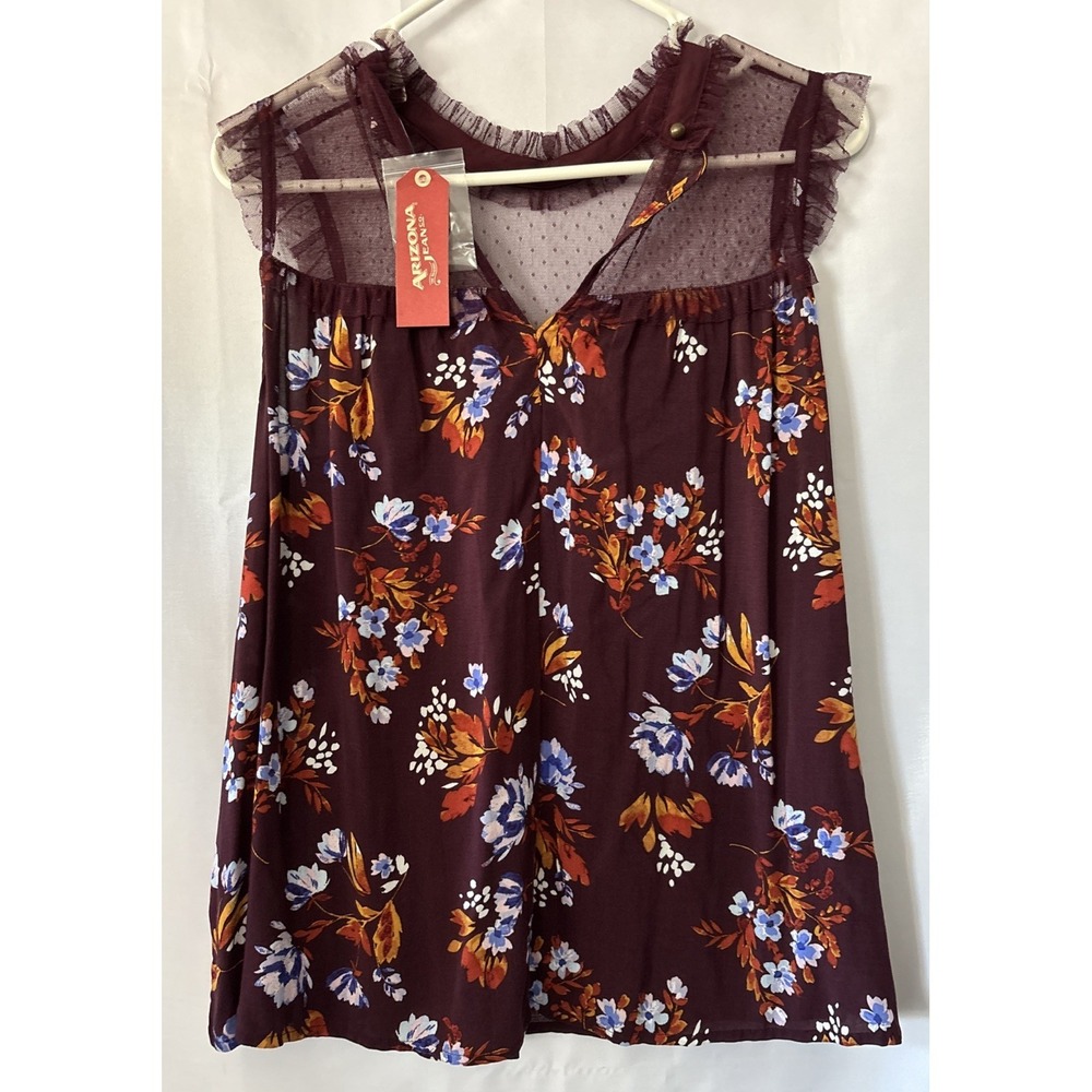 Arizona Jean Co Burgundy Floral Print Sheer Ruffle Neck Detail Top M Coquette